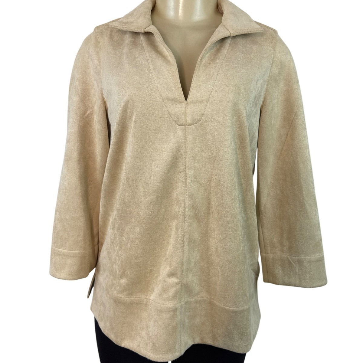 Tuckernuck Women's Beige Faux Suede 3/4 Sleeve Pullover Top Sz S