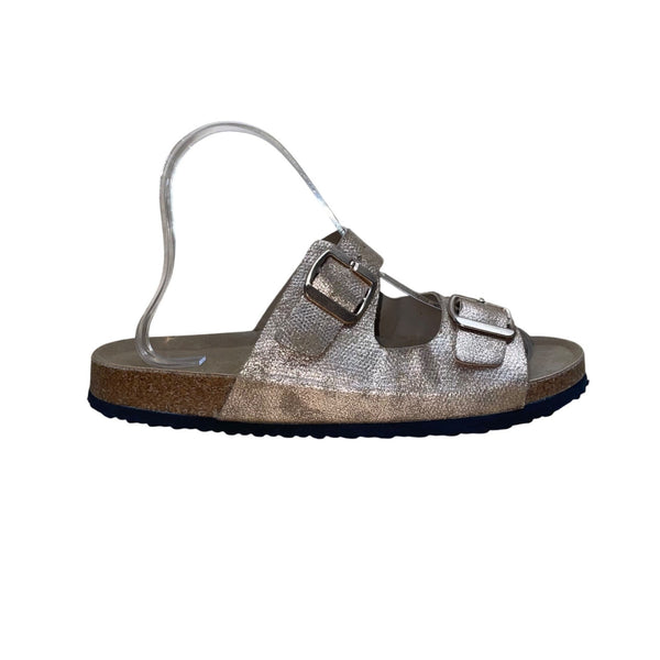 Yo Ki Women’s Rose Gold Metallic Double Buckle Cork Footbed Gian Sandals Sz 8.5