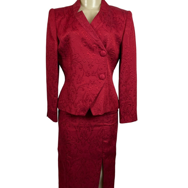 Vtg Christian Dior Women's Red Floral Skirt and Collarless Blazer Suit Sz 6