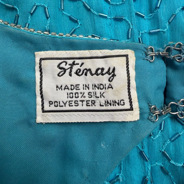 Sténay Womens Teal Beaded Sequin Floral Silk Evening Cocktail Dress Size 14