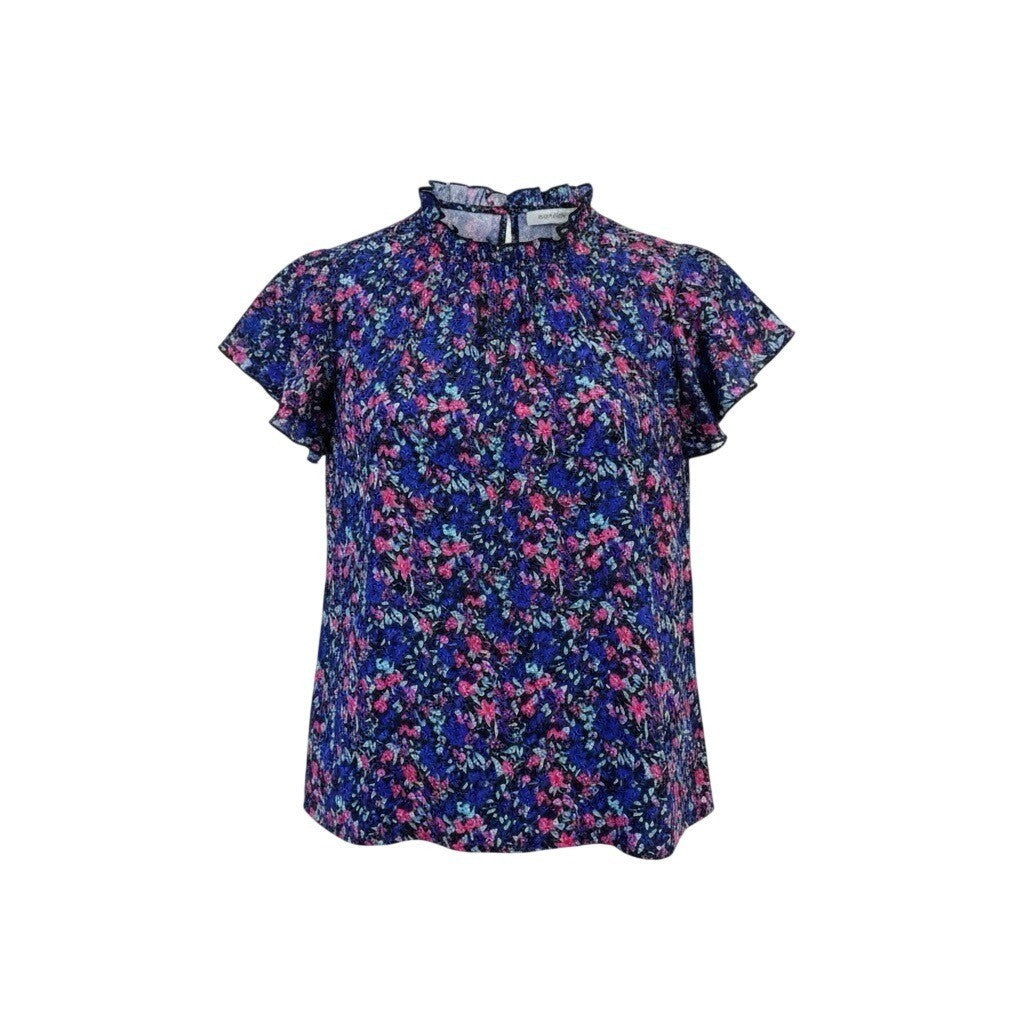 Simplefun Womens Blue Floral Blouse With Ruffled Sleeves Size M