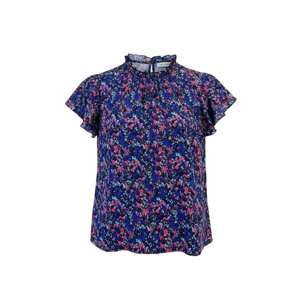 Simplefun Womens Blue Floral Blouse With Ruffled Sleeves Size M
