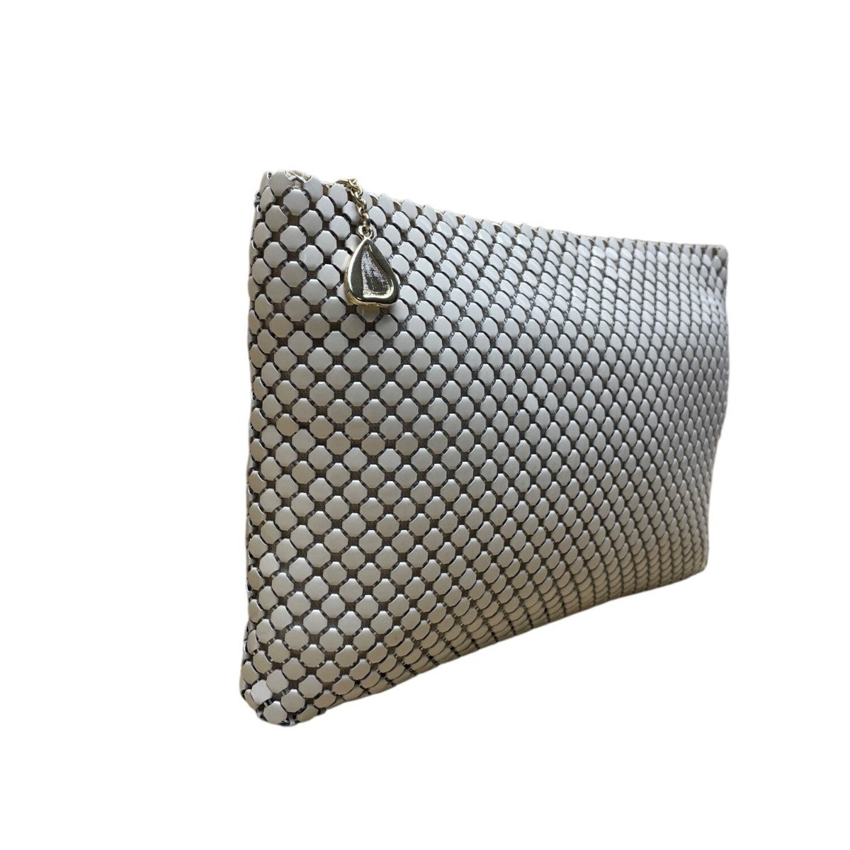 Whiting & Davis Women’s Beige Metal Mesh With Gold Heart Charm Accent Clutch Bag