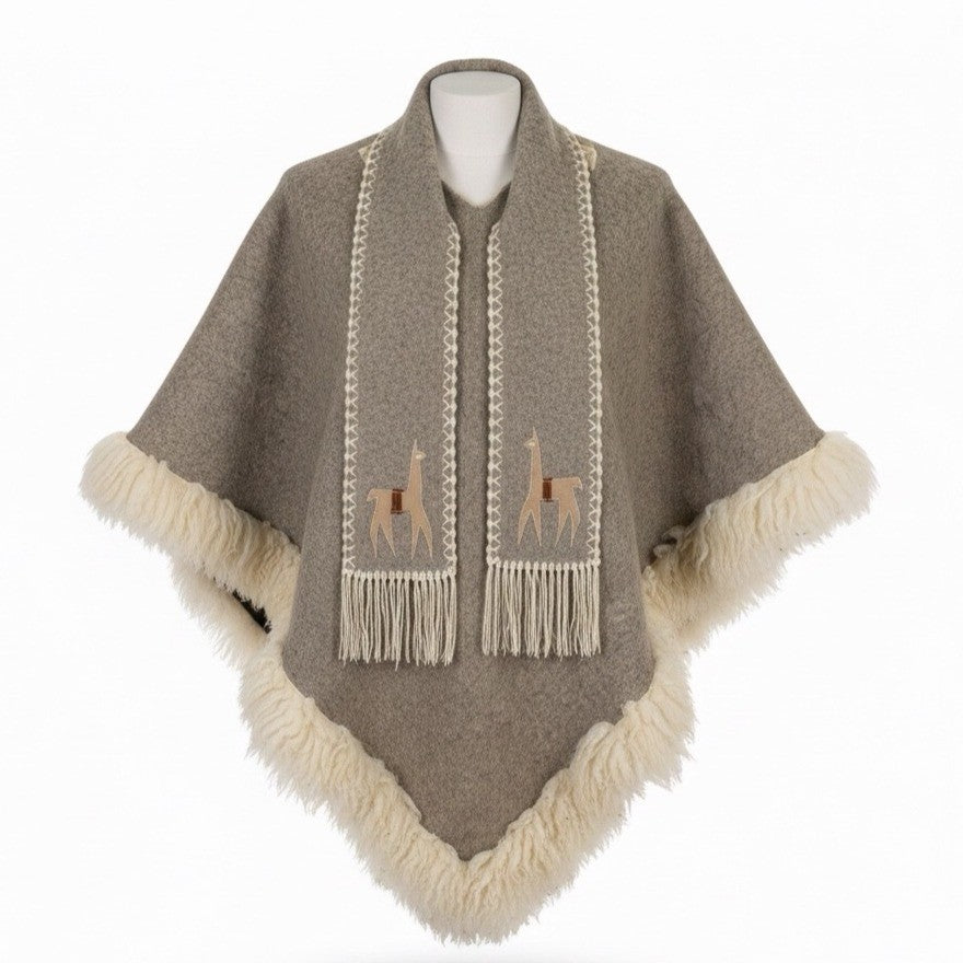 Womens Beige Alpaca-Inspired Embroidered Wool Poncho W/ Fringe & Fur Trim