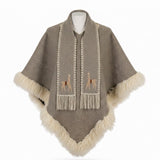 Womens Beige Alpaca-Inspired Embroidered Wool Poncho W/ Fringe & Fur Trim