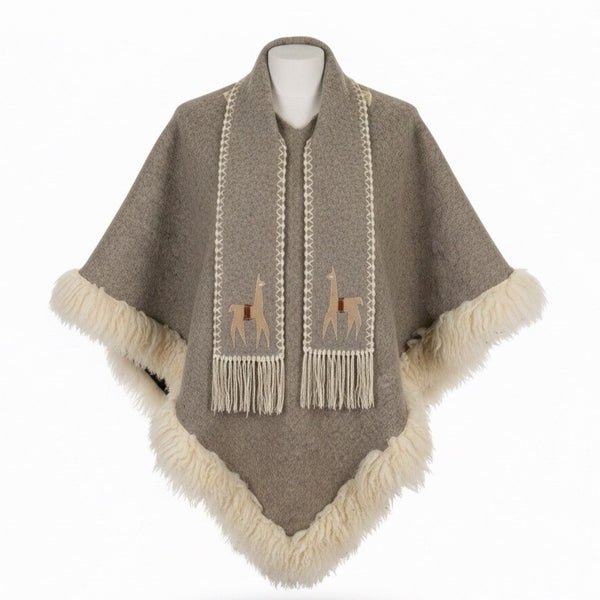 Womens Beige Alpaca-Inspired Embroidered Wool Poncho W/ Fringe & Fur Trim