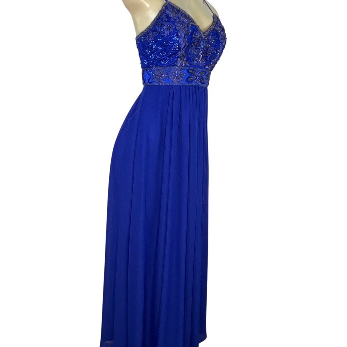Sue Wong Royal Blue Beaded Maxi Dress With Spaghetti Straps & V-Neckline Size 2