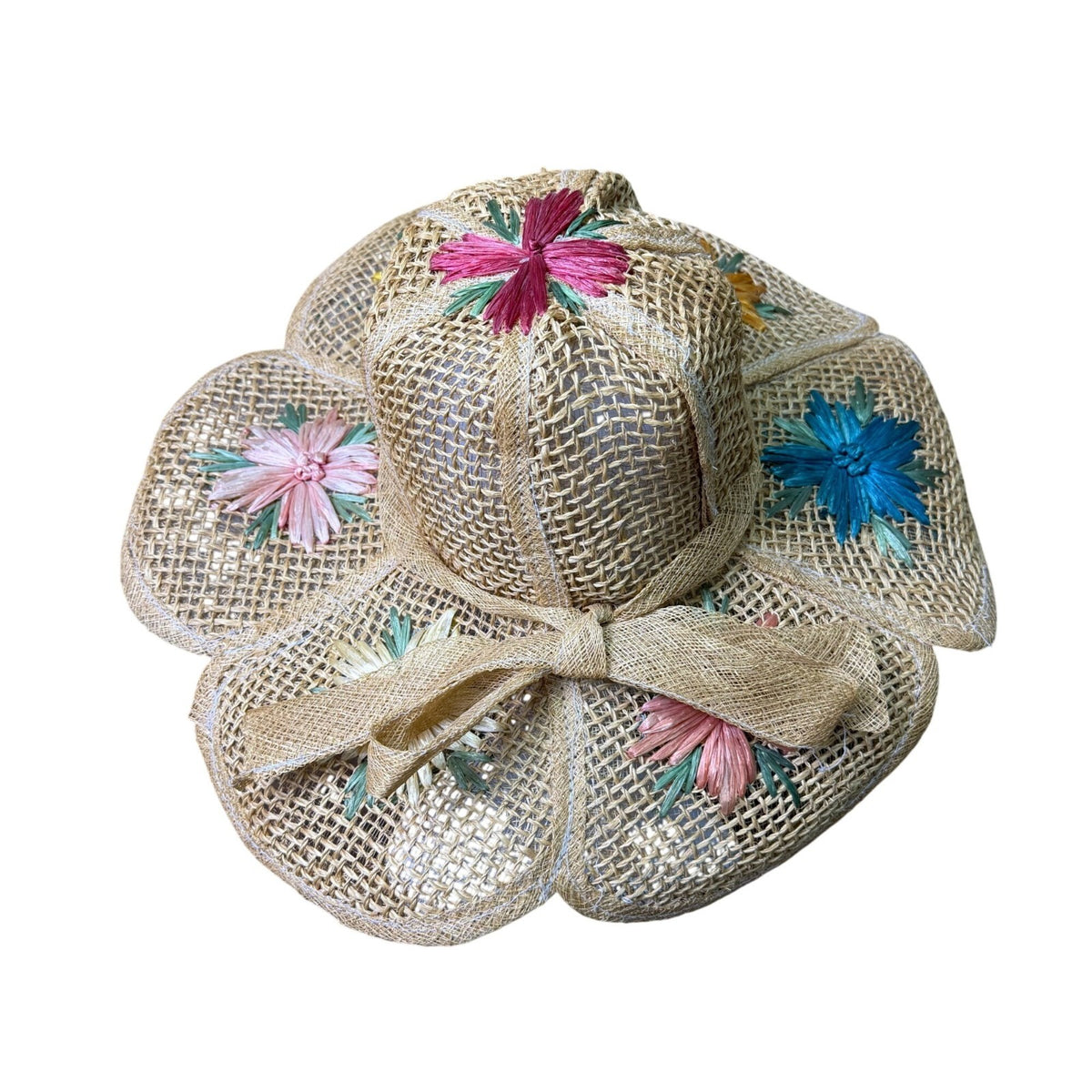 Straw Women Beige Raffia Sun Hat Floral Embroidered Decorative Brim Bow