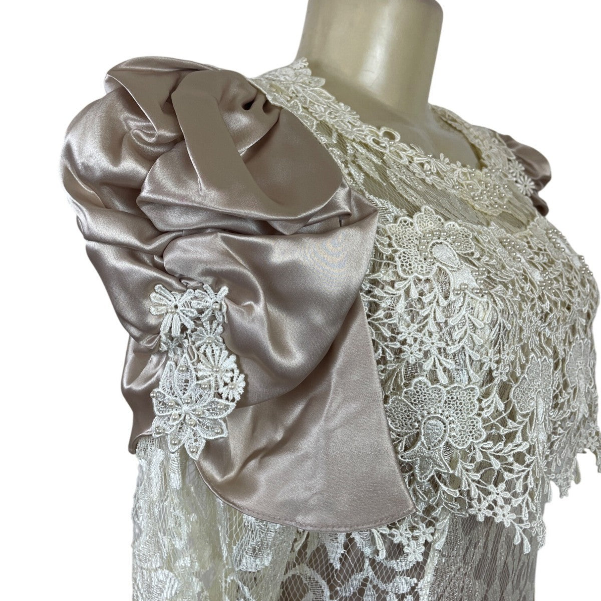Vintage Cachet Women’s Beige & Ivory Lace Satin Puff Sleeve Midi Dress