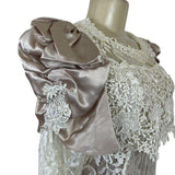 Vintage Cachet Women’s Beige & Ivory Lace Satin Puff Sleeve Midi Dress