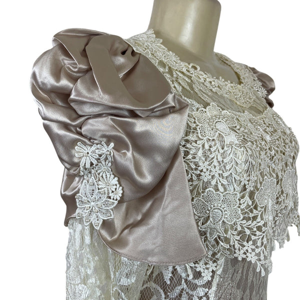 Vintage Cachet Women’s Beige & Ivory Lace Satin Puff Sleeve Midi Dress
