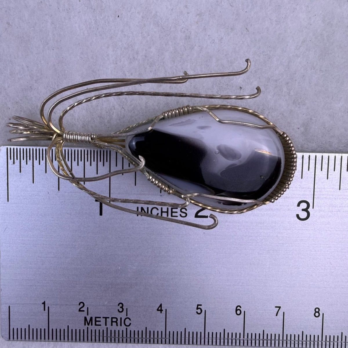 Handcrafted Silver Tone Wire Wrapped Pendant Teardrop Black & White Agate Stone