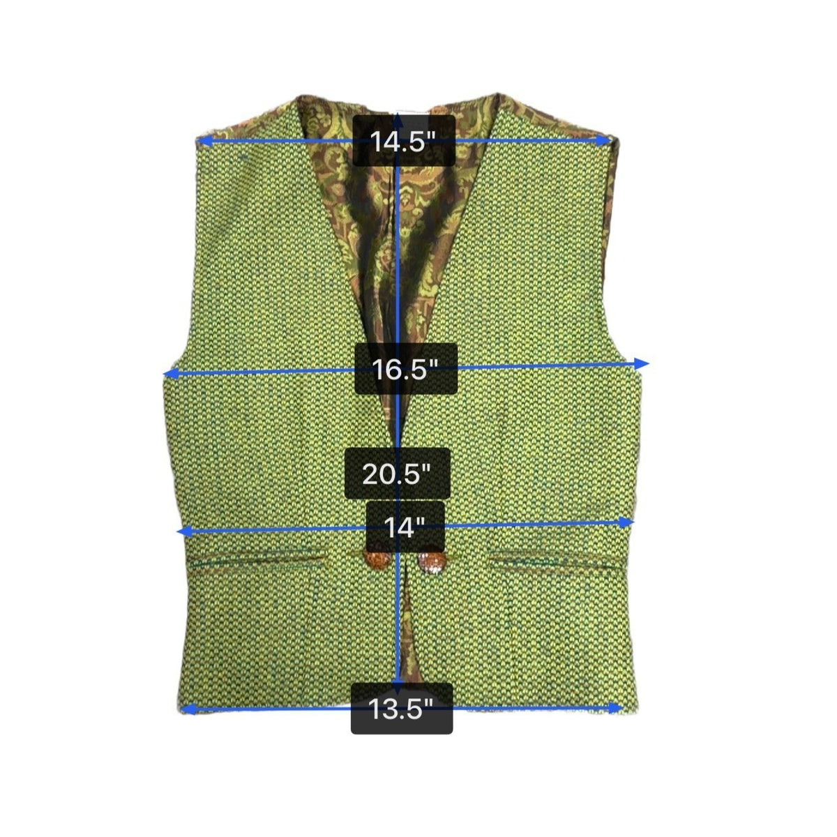 Womens Green Wool Paisley-Back Vest 100% Wool & Acetate Made In Italy Size 36