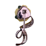 Avon Yellow Porcelain & Rhinestone Rose Brooch With Silver Tone Ribbon Accent