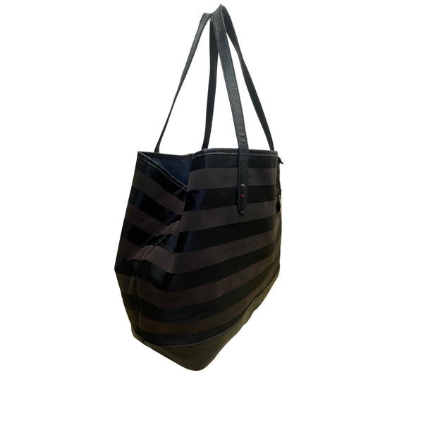 Tommy Hilfiger Women’s Black Striped Nylon & Leather Everyday Tote Bag