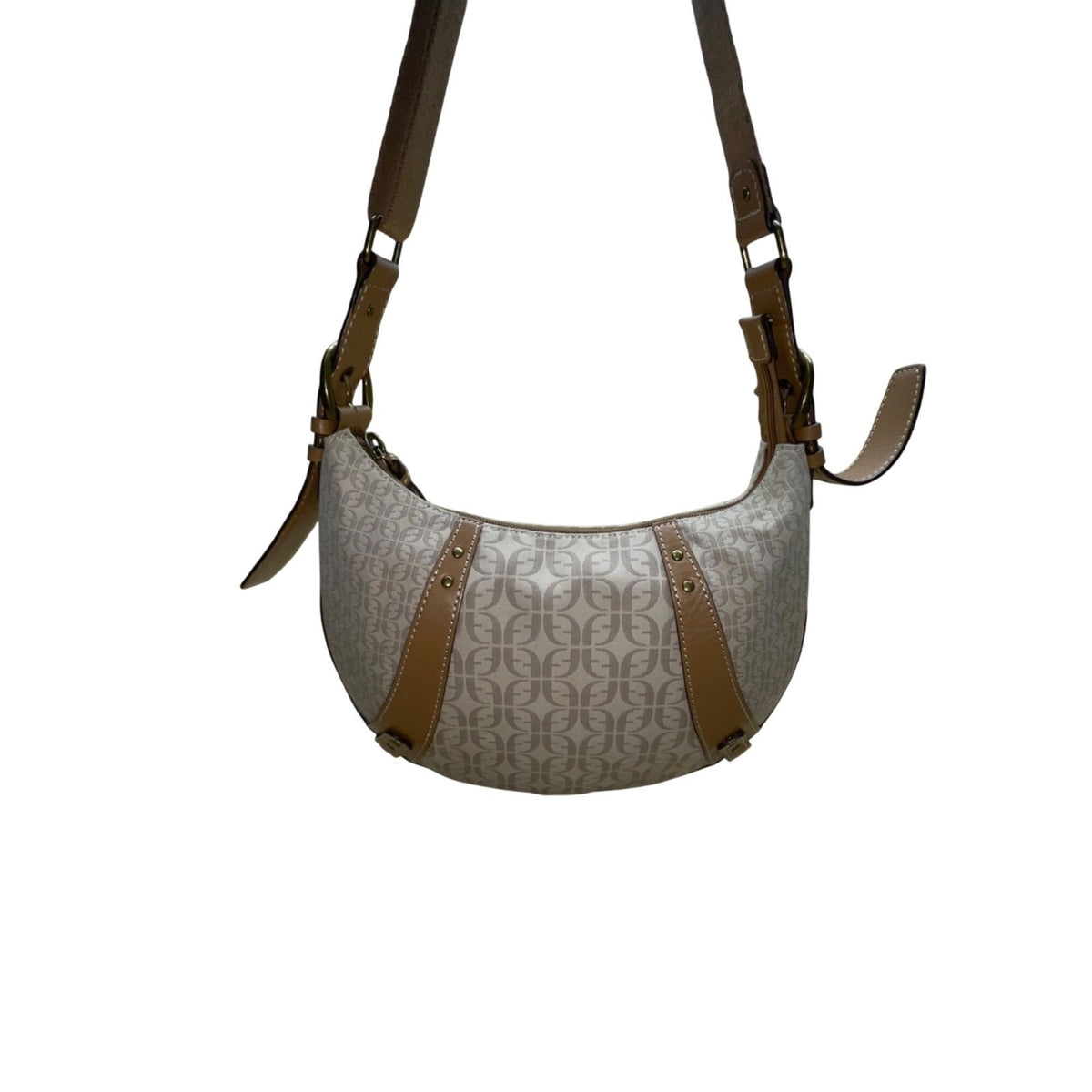 Fossil Women’s Beige Logo Pattern & Brown Leather Trim Adjustable Strap Hobo Bag