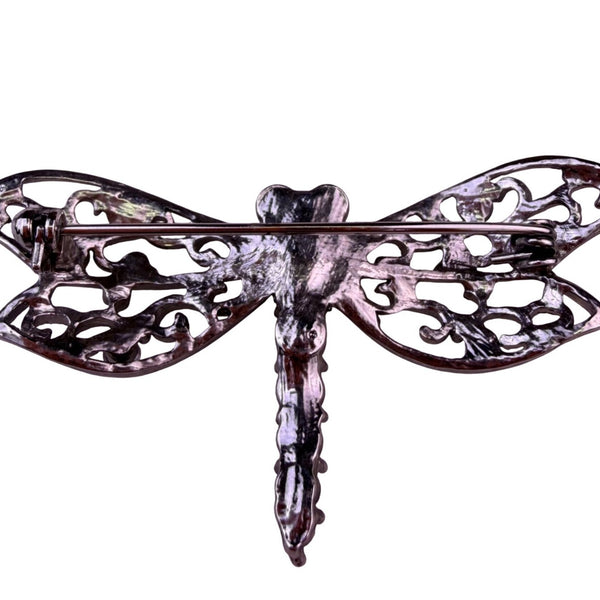 Vintage Silver Tone Dragonfly Brooch With Marcasite & Aurora Borealis Stones