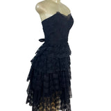 Vintage TD4 Strapless Black Lace Tiered Party Dress With Bow Back Detail Sz 7/8