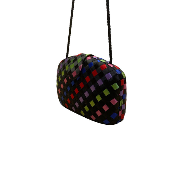 Women’s Black Multicolor Woven Satin Clasp Closure  Crossbody Purse Bag