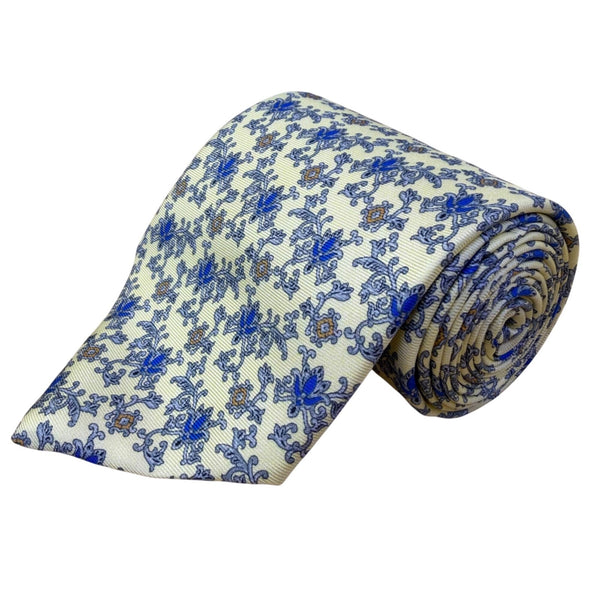 Smithsonian Mens Yellow & Blue 100% Silk Floral Pattern Neck Tie Unique Design