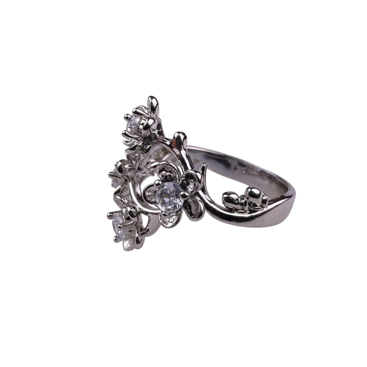 Vintage Unknown Womens Silver Tone Flower Ring W/ Clear Stones Size 7 Approx.