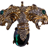 Vintage Gold Tone Brooch Green Crystal Two Lion Heads Rhinestone Accents