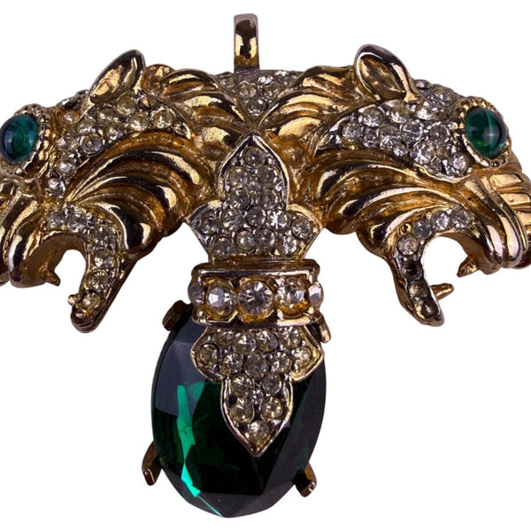Vintage Gold Tone Brooch Green Crystal Two Lion Heads Rhinestone Accents