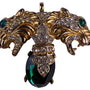 Vintage Gold Tone Brooch Green Crystal Two Lion Heads Rhinestone Accents