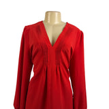 Dokotoo Womens Red Polyester Long-Sleeve V-Neck Pleated Tunic Dress Flowy Sz XL