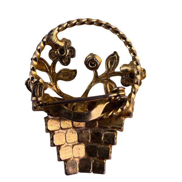 Vintage Gold Tone Rhinestone Floral Basket Brooch Colorful Stones Retro Style Pi