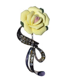 Avon Yellow Porcelain & Rhinestone Rose Brooch With Silver Tone Ribbon Accent