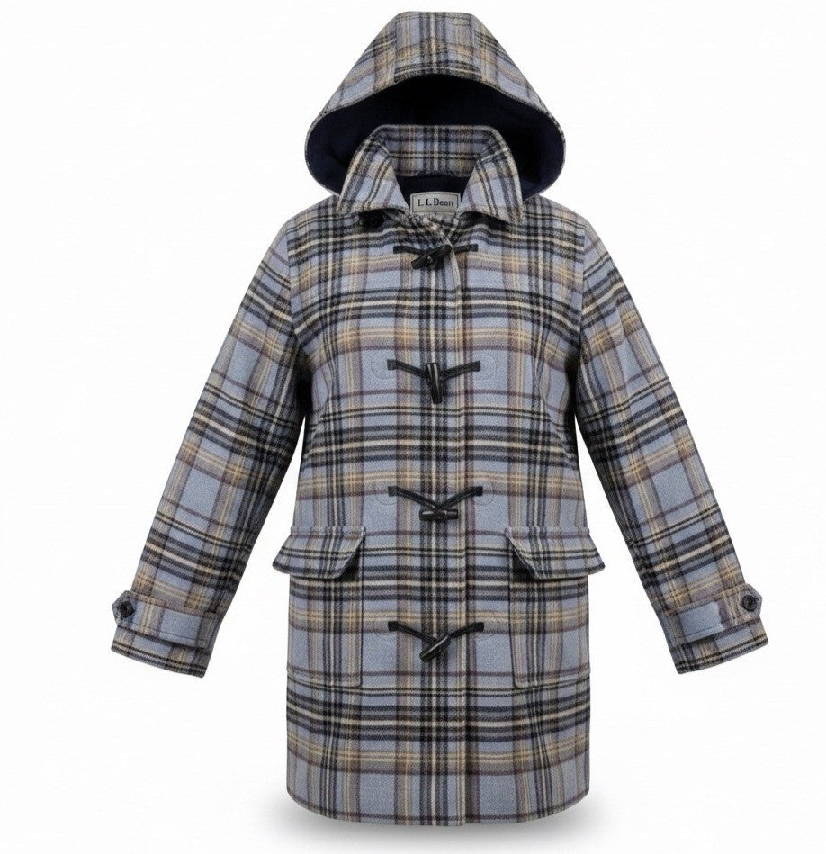 L.L. Bean Womens Plaid Wool-Blend Hooded Toggle Coat Blue/Yellow Sz M