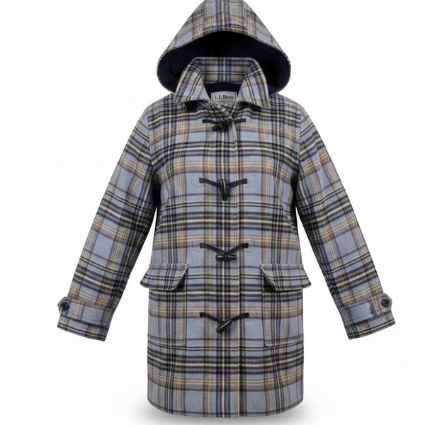 L.L. Bean Womens Plaid Wool-Blend Hooded Toggle Coat Blue/Yellow Sz M