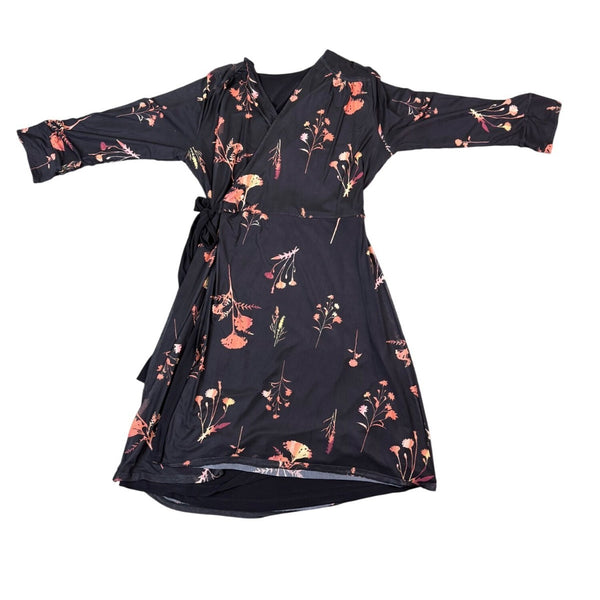 Helene Clarkson Womens Black Wrap Dress Floral Print Size L