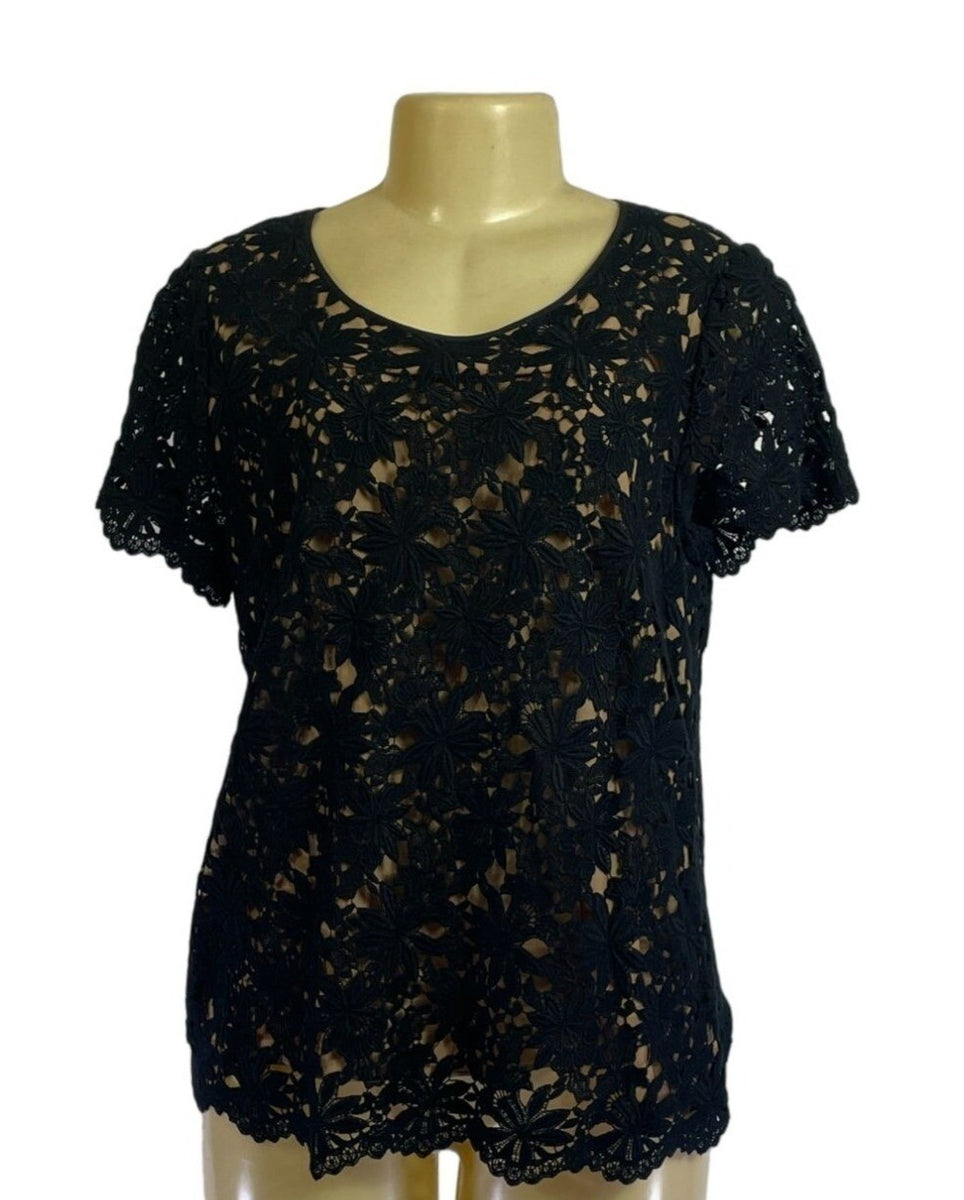 Talbots Petites Black Floral Lace Short Sleeve Top 14P New