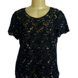 Talbots Petites Black Floral Lace Short Sleeve Top 14P New