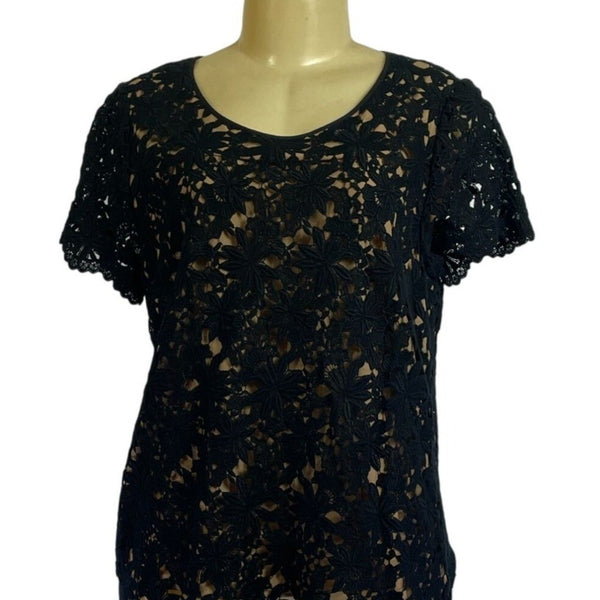 Talbots Petites Black Floral Lace Short Sleeve Top 14P New