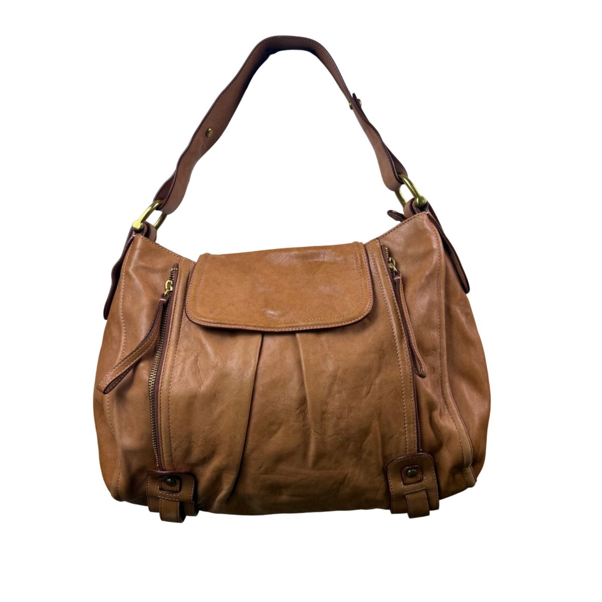 Kooba Women’s Tan Leather Front Brass Hardware Multiple Pockets Shoulder Bag
