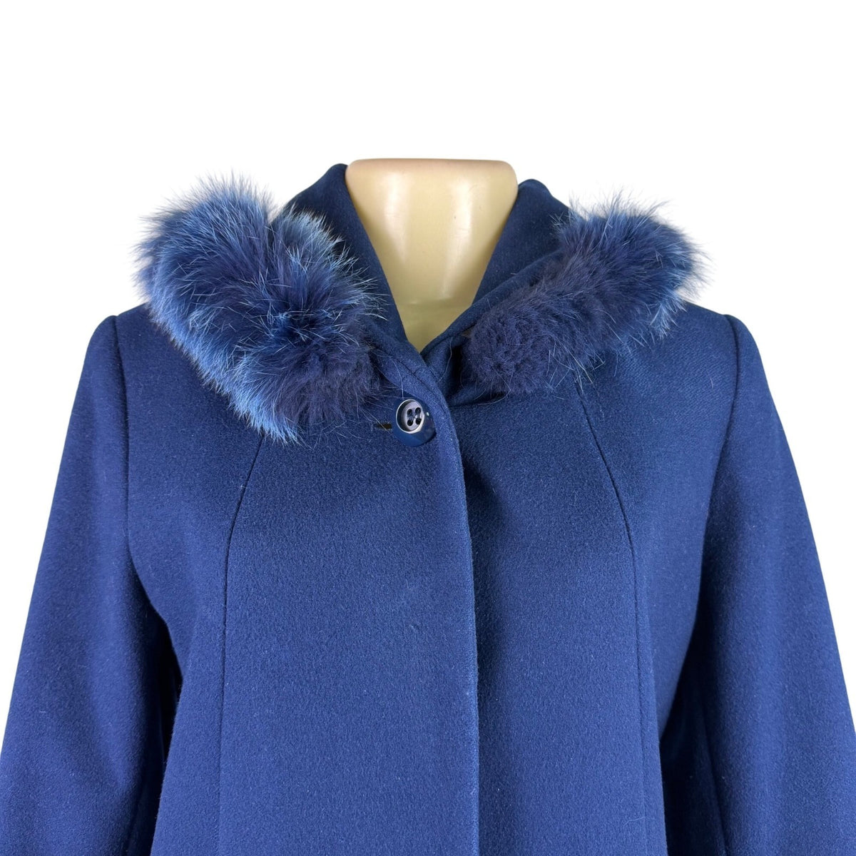 Pendleton Womens Navy Wool & Cashmere Coat With Fox Fur Trim Hood Size 8
