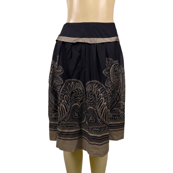 Black Cotton & Silk Women’s Paisley Midi Skirt With Pleats & Beige Accents