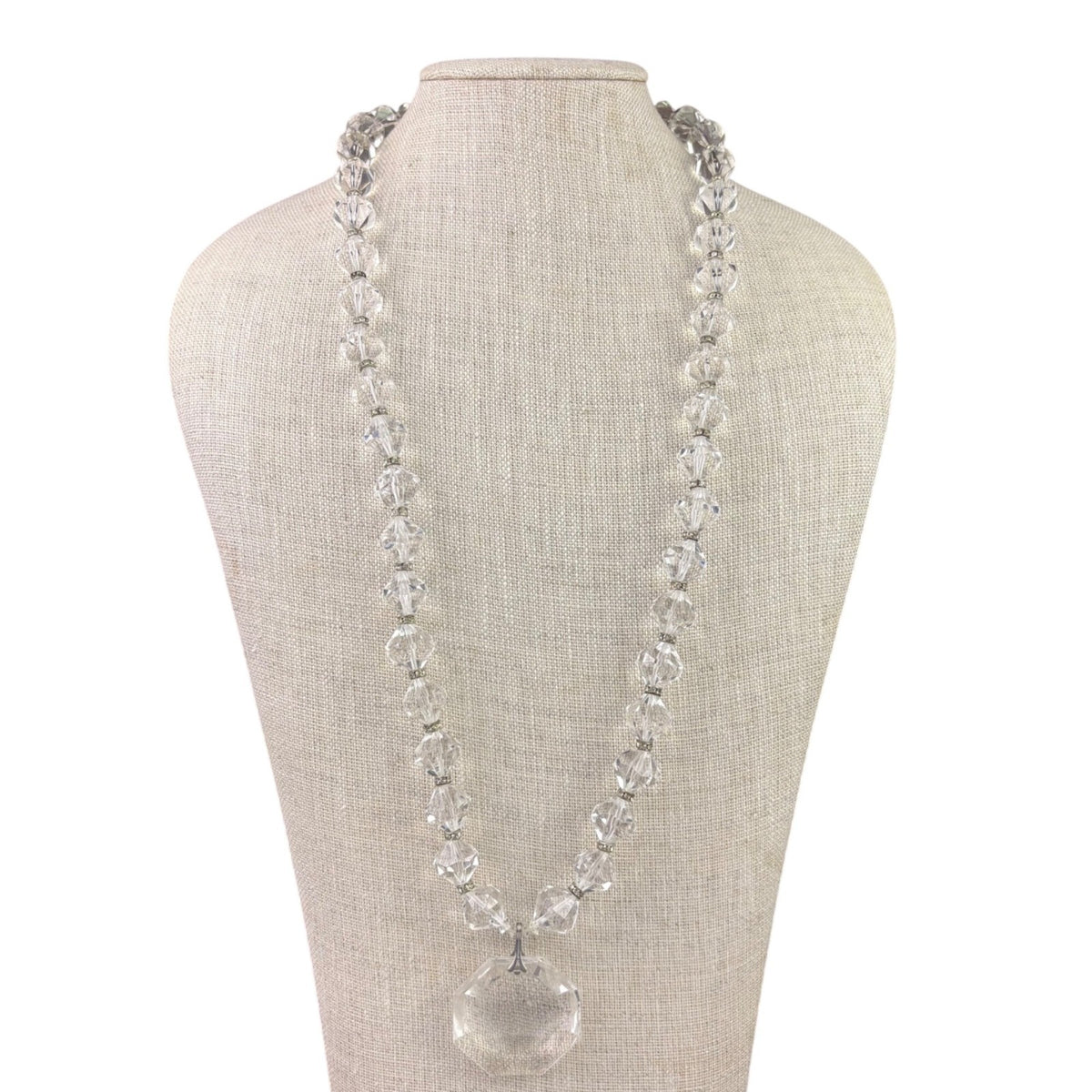 Vintage Faceted Clear Crystal Bead Necklace Silver Tone Clasp