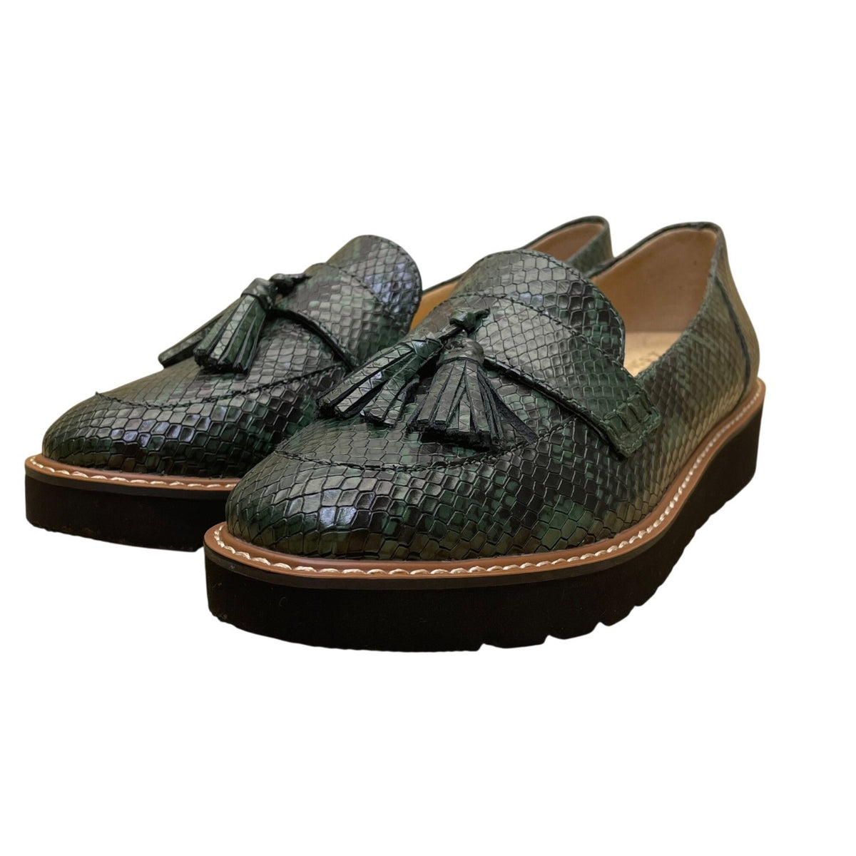 Naturalizer Women’s Green Leather Snakeskin Pattern Tassel Flat Loafers Size 9M