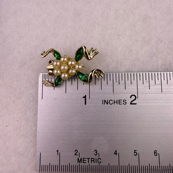 Gold Tone Womens Frog Brooch White Faux Pearl & Green Gem Rhinestone Accents