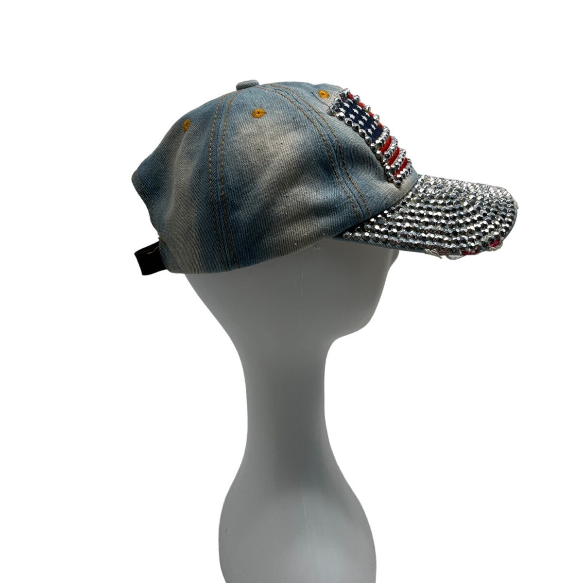 American USA Flag Rhinestone Distressed Design Denim Cap With Adjustable Strap