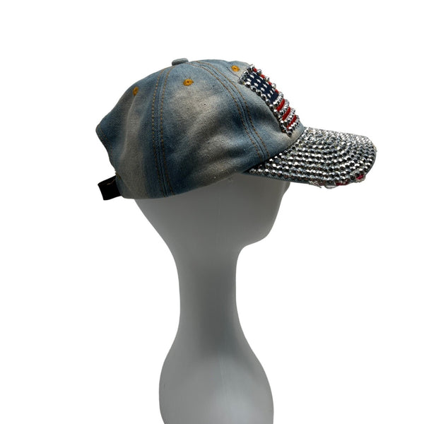American USA Flag Rhinestone Distressed Design Denim Cap With Adjustable Strap