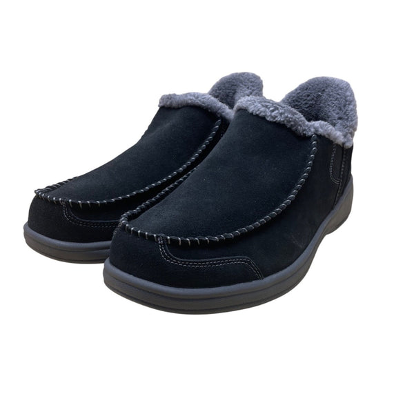 Orthofeet Men’s Black Leather With Faux Fur Lining Slip-On Slippers Size 12 Wide
