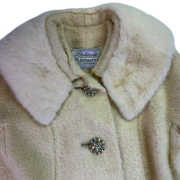 Adoria Kaufmanns Womens Beige Wool Coat Faux Fur Collar Button Closure Vintage