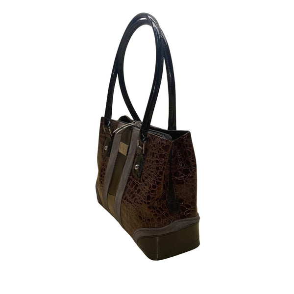 Beijo Women’s Brown & Black Faux Alligator Double Handles Snap Closure Tote Bag