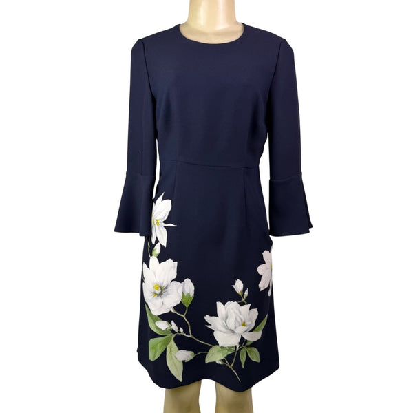 Hobbs Womens Navy Floral Print Bell Sleeve Dress Size US 4