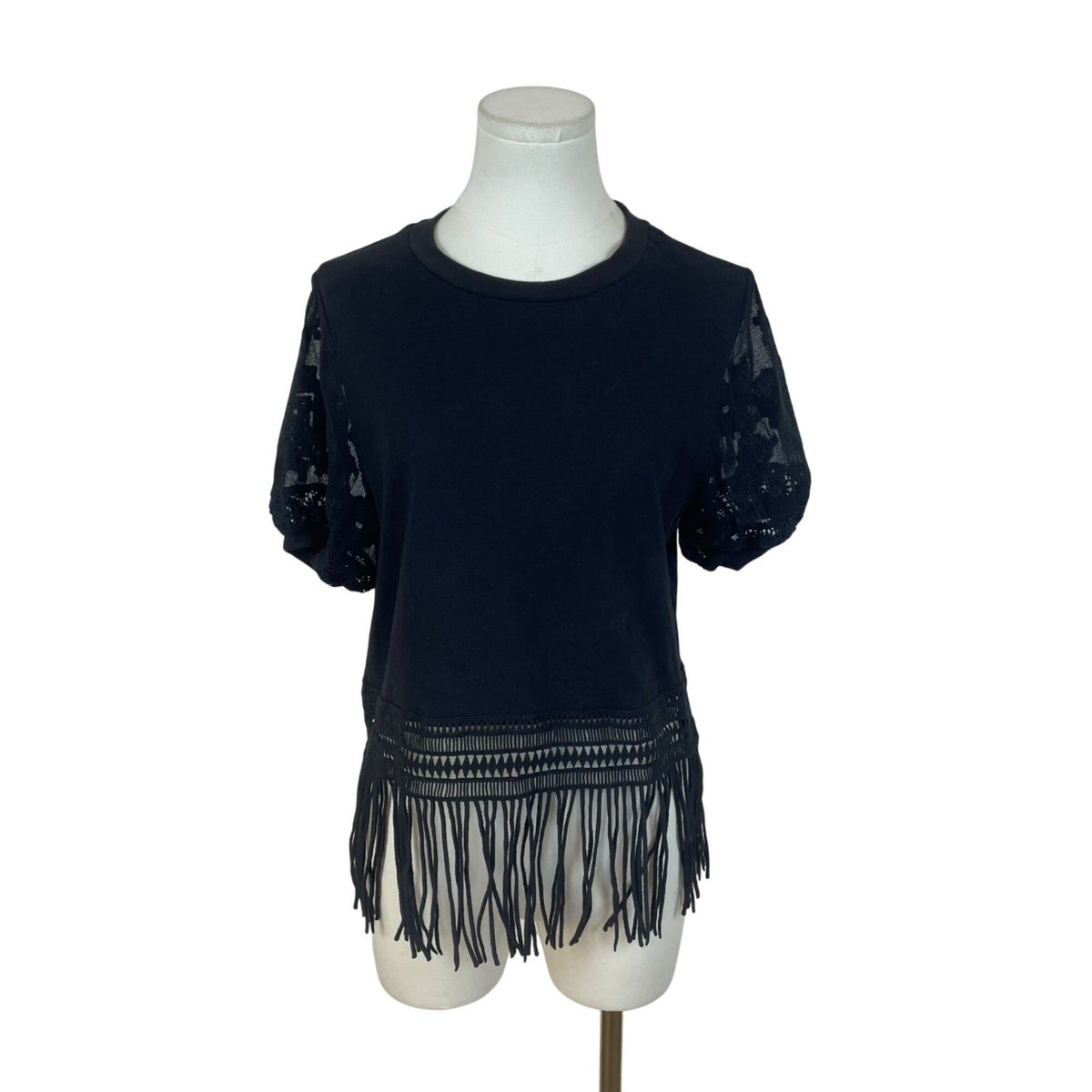Desigual Womens Black Lace Fringe Hem Top Size XS